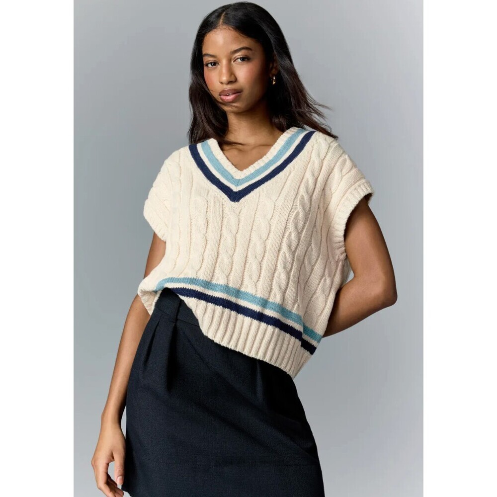 Polo Ralph Lauren NWT Striped Cable Knit Sweater Vest Cream Blue Striped XXL